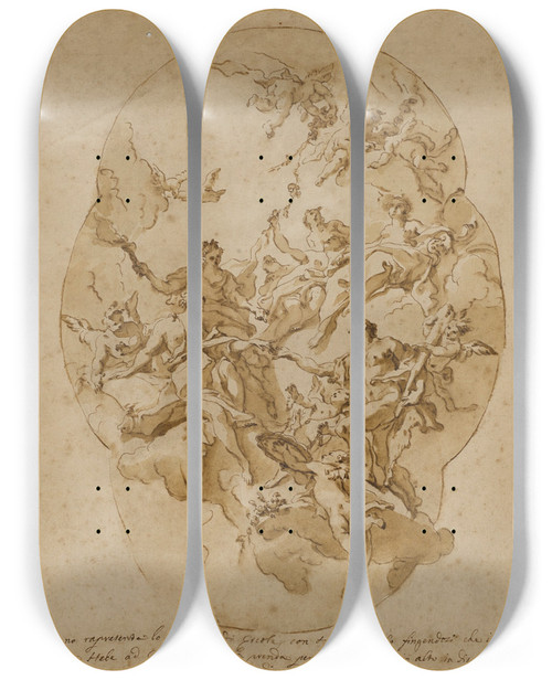 Triptych art skateboard deck of Carlo Carlone The Marriage Of Hercules And Hebe by Carlo Carlone (1686-1775)