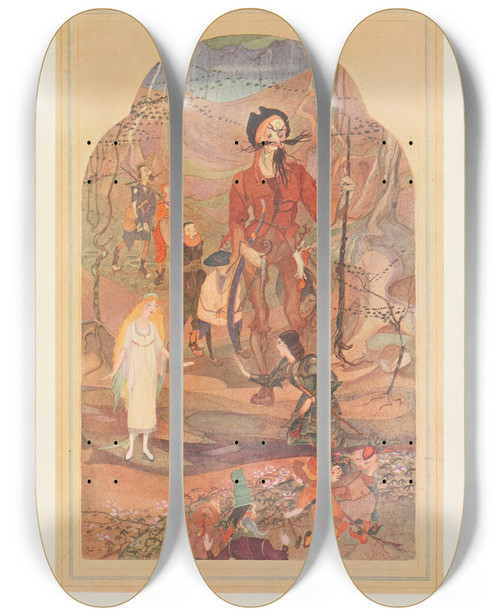 Triptych art skateboard deck of Jean De Bosschre The Giant His Daughter And The Knight by Jean de Bosschre (1878-1953)