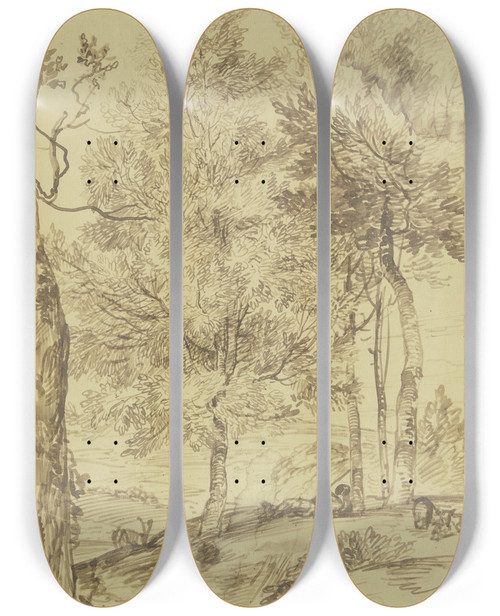 Triptych art skateboard deck of Jan Lievens Ein Schfer Auf Einem Hgel Unter Bumen Liegend by Jan Lievens (1607-1674)