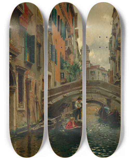 Triptych art skateboard deck of Rubens Santoro A Quiet Canal Venice by Rubens Santoro (1859-1942)