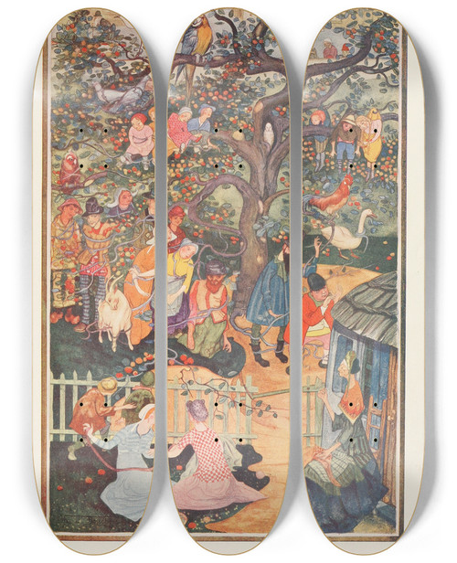 Triptych art skateboard deck of Jean De Bosschre The Enchanted Appletree by Jean de Bosschre (1878-1953)