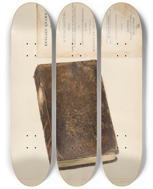 Triptych art skateboard deck of Magnus S Fossum Book English Grammar by Magnus S Fossum