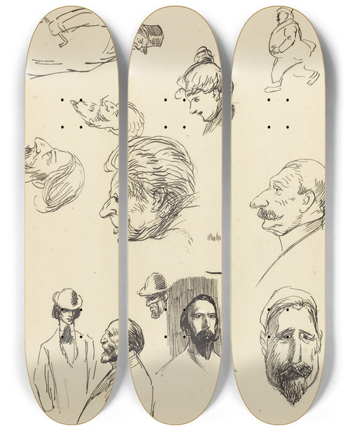 Triptych art skateboard deck of Thophile Alexandre Steinlen Studies Of Figures And Heads by Theophile Alexandre Steinlen (1859-1923)