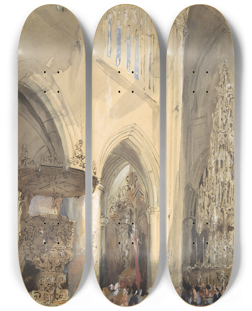 Triptych art skateboard deck of Genaro Prez Villaamil Interior Of The Church Of St Jacques Louvain by Genaro Perez Villaamil (1807-1854)