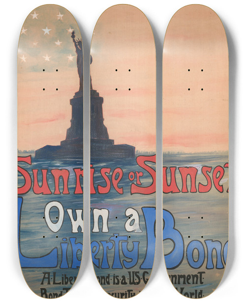 Triptych art skateboard deck of Eugenie Deland Sunrise Or Sunset Own A Liberty Bond by Eugenie Deland (1872)