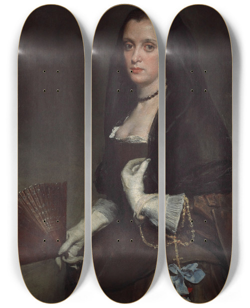 Triptych art skateboard deck of Diego Velzquez The Lady With A Fan by Diego Velazquez (1599-1660)