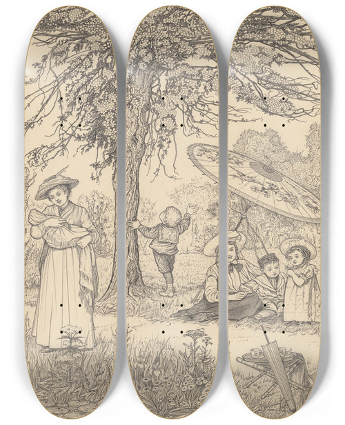 Triptych art skateboard deck of Willem Pothast Vrouwen En Kinderen In Een Park by Willem Pothast (1877-1916)
