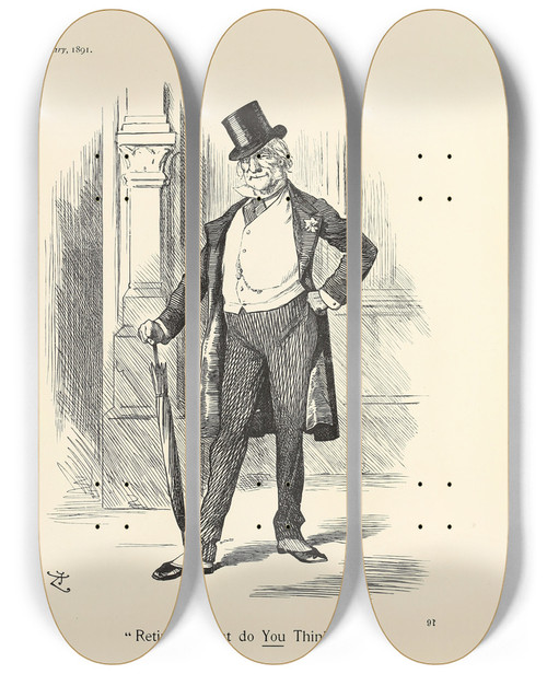Triptych art skateboard deck of Sir John Tenniel Retire What Do You Think by Sir John Tenniel (1820-1914)