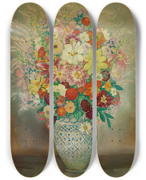 Triptych art skateboard deck of Henri Lebasque Composition Florale Aux Dahlias by Henri Lebasque (1865-1937)