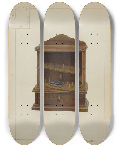 Triptych art skateboard deck of Edward L Loper Walnut Spool Cabinet by Edward L Loper (1916-2011)