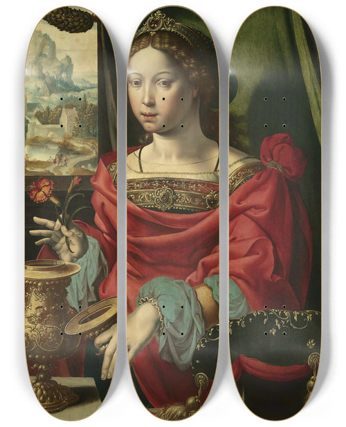 Triptych art skateboard deck of School Of Antwerp The Magdalene Seated At A Table By A Window Opening A Goldencrusted Urn by Antwerp School