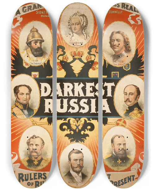 Triptych art skateboard deck of Strobridge And Co Darkest Russia A Grand Romance Of The Czars Realm by Strobridge and Co (1910-1954)