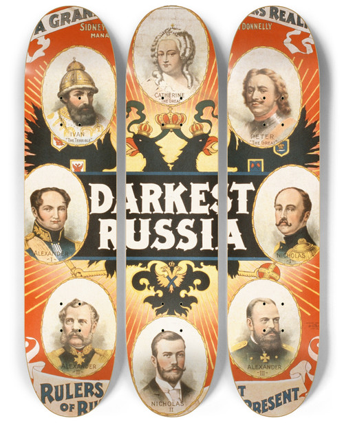 Triptych art skateboard deck of Strobridge Co Lith Darkest Russia A Grand Romance Of The Czars Realm by Strobridge Co Lith (1847)