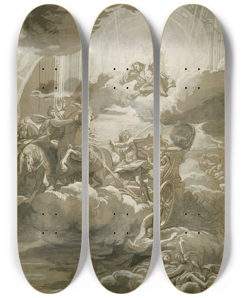 Triptych art skateboard deck of Jean Jouvenet Phaeton Driving The Chariot Ofapollo by Jean Jouvenet (1644-1717)