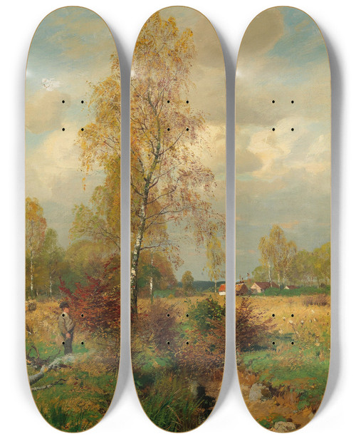 Triptych art skateboard deck of Otto Strtzel A Peasant At The Edge Of The Woods by Otto Strutzel (1855-1930)