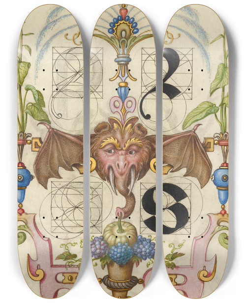 Triptych art skateboard deck of Joris Hoefnagel Guide For Constructing The Letters R And S by Joris Hoefnagel (1542-1600)