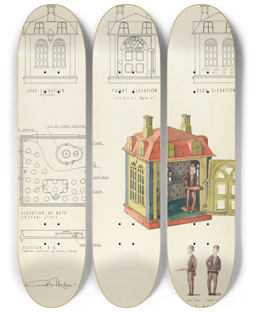 Triptych art skateboard deck of Kurt Melzer Toy Bank by Kurt Melzer
