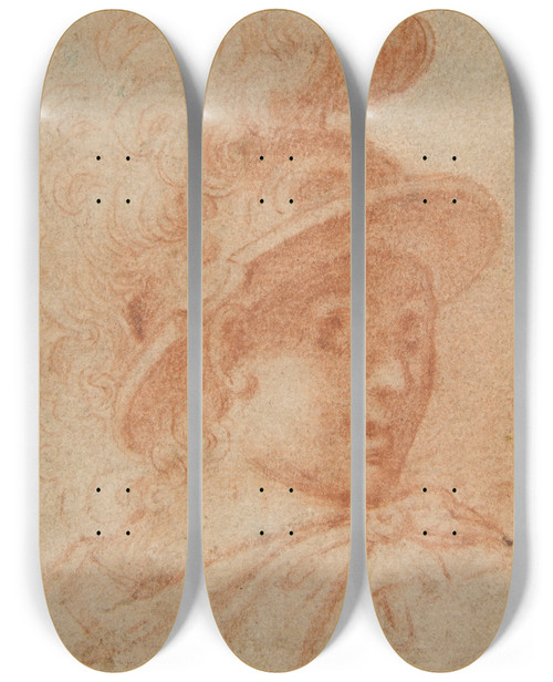 Triptych art skateboard deck of Camillo Procaccini Bust Of A Warrior Wearing A Plumed Helmet Looking Toward Spectator Over His Right Shoulder by Camillo Procaccini (1546-1629)