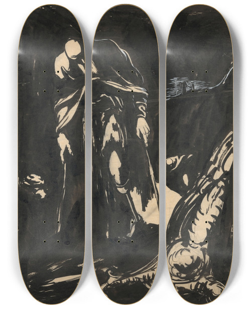 Triptych art skateboard deck of Jn Novk Man Walking With Crutches With A Long Beard by Jan Novak (1921-1944)