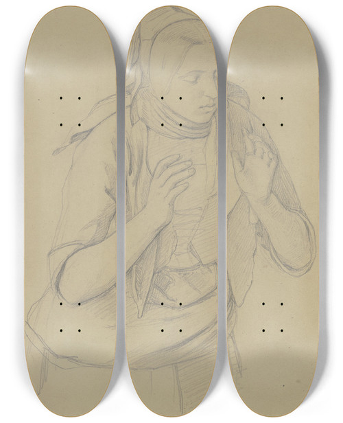 Triptych art skateboard deck of Jakob Becker Junge Buerin Die Hnde Erhoben_1 by Jakob Becker (1810-1872)