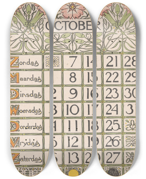 Triptych art skateboard deck of Theo Nieuwenhuis Kalenderblad Voor Oktober 1900 by Theo Nieuwenhuis (1866-1951)