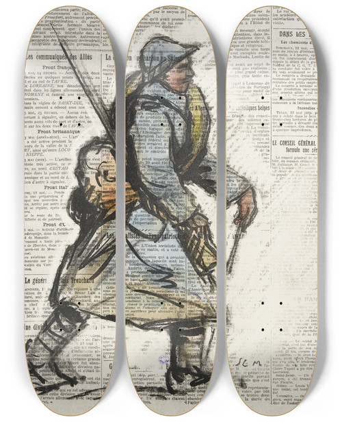 Triptych art skateboard deck of Georges Goursat Sem Soldat Marchant Vers La Droite Sur Fond De Papier Journal by Georges Goursat (Sem) (1863-1934)