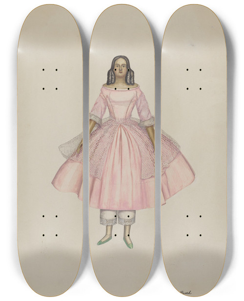 Triptych art skateboard deck of Rex F Bush Doll_1 by Rex F Bush (20-)