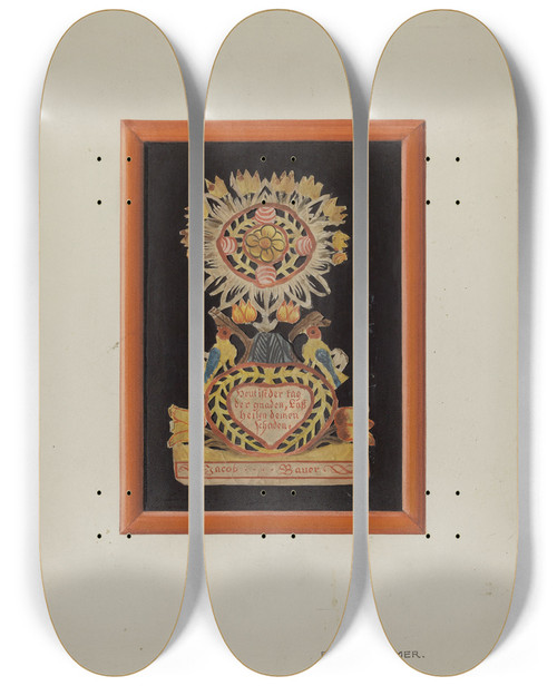 Triptych art skateboard deck of Fritz Boehmer Memorialpennsylvania Fractur And Cutout Commemorating Jacob Bauer by Fritz Boehmer