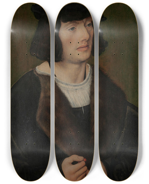 Triptych art skateboard deck of Lucas Cranach The Elder Portrait Of A Man With A Rosary by Lucas Cranach The Elder (1472-1553)