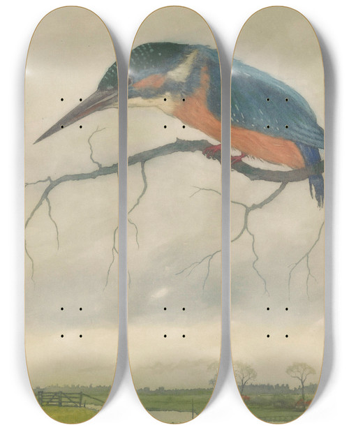 Triptych art skateboard deck of Frans Everbag Ijsvogel Op Een Tak In Een Weidelandschap by Frans Everbag (1877-1947)