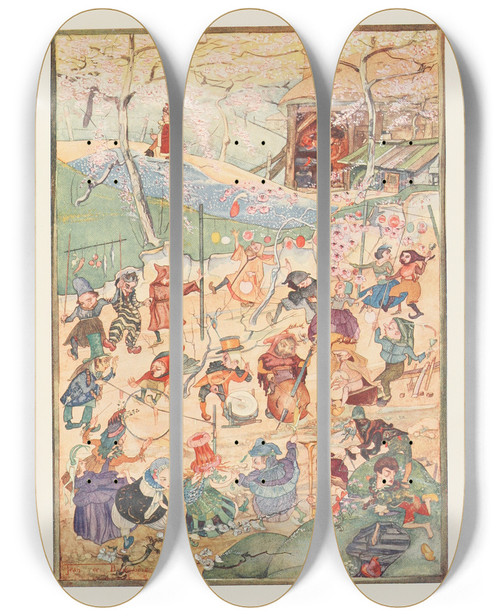 Triptych art skateboard deck of Jean De Bosschre The Dwarfs Feast by Jean de Bosschre (1878-1953)