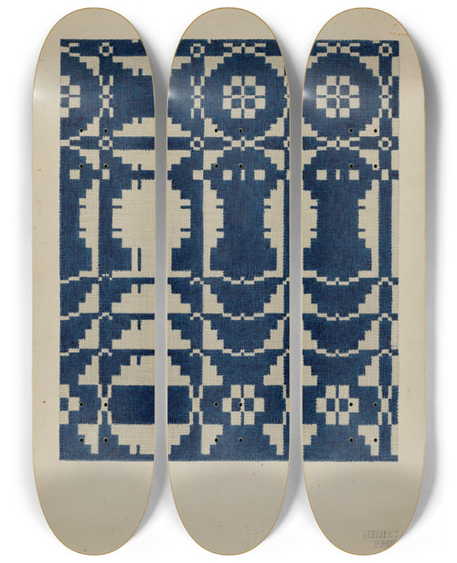 Triptych art skateboard deck of Julie C Brush Homespun Bedspread by Julie C Brush