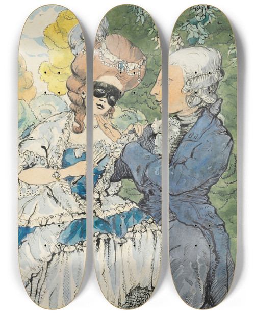 Triptych art skateboard deck of Konstantin Andreevich Somov Masquerade by Konstantin Andreevich Somov (1869-1939)