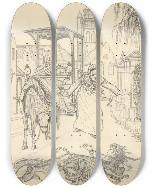 Triptych art skateboard deck of Willem Pothast Meisje Aangereden Door Een Paardenkar by Willem Pothast (1877-1916)