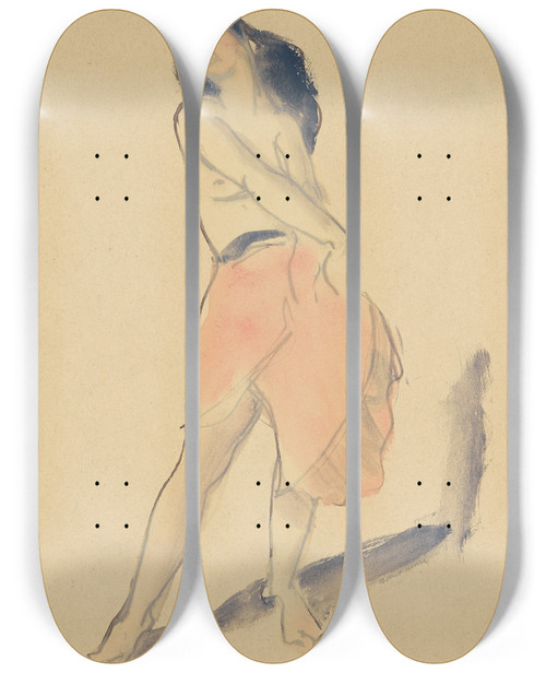 Triptych art skateboard deck of Robert Henri Dancer In A Red Skirt No 2 by Robert Henri (1865-1929)