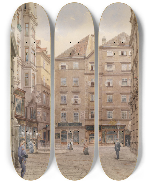 Triptych art skateboard deck of Richard Moser Wien Irisgasse Gegen Naglergasse by Richard Moser (1874-1924)