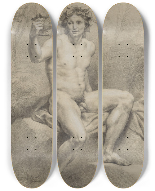 Triptych art skateboard deck of Anton Raphael Mengs Sitzender Mnnlicher Akt Schrg Nach Rechts Mit Weinlaubkranz Und Trinkschale In Der Rechten by Anton Raphael Mengs (1728-1779)