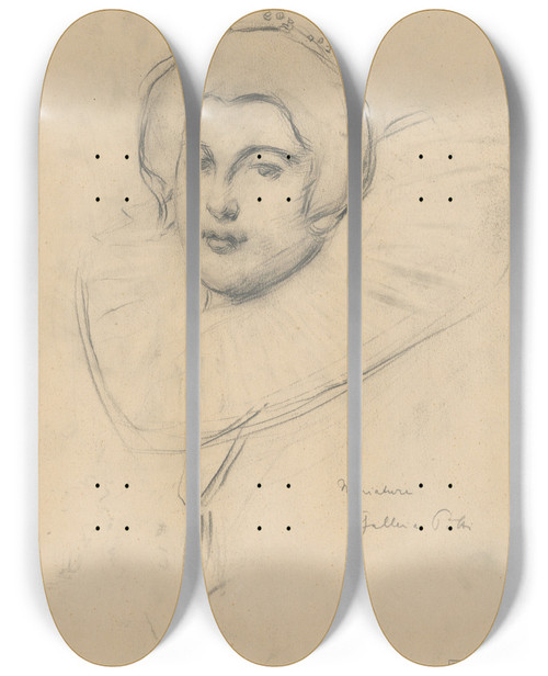 Triptych art skateboard deck of Milan Thomka Mitrovsk A Study Of A Womans Head According To A Miniature In The Pitti Gallery by Milan Thomka Mitrovsky (1875-1943)