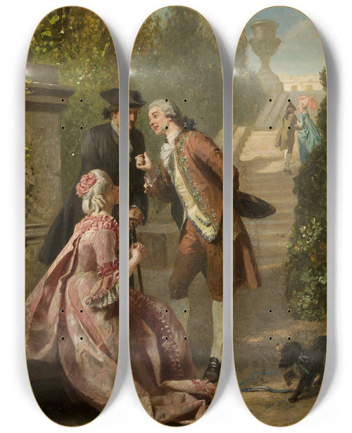 Triptych art skateboard deck of Prudentlouis Leray Scene In A Park by Prudent-Louis Leray (1820-1879)