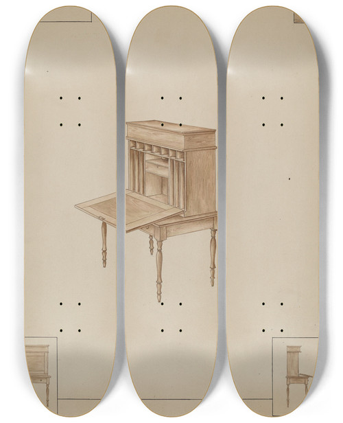 Triptych art skateboard deck of Sarah F Williams Schoolmasters Desk by Sarah F Williams