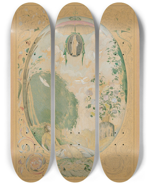 Triptych art skateboard deck of Sergey Chekhonin Fantasy And Floral Design For A Frontispiece by Sergey Chekhonin (1878-1936)