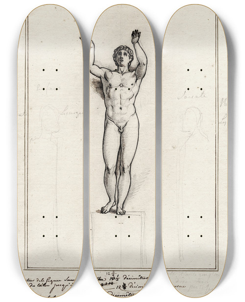 Triptych art skateboard deck of David Humbert De Superville The Socalled Orante Praying Youth From Berlin Flanked By Busts Of Lycurgus And Socrates by David Humbert De Superville (1770-1849)