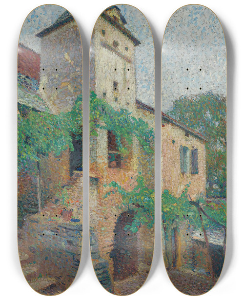 Triptych art skateboard deck of Henri Martin Vue Dune Ferme Avec Un Pigeonnier by Henri Martin (1860-1943)
