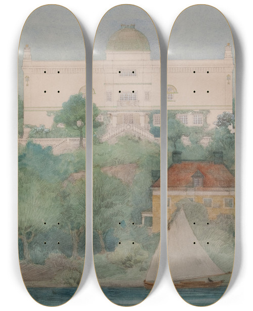Triptych art skateboard deck of Ferdinand Boberg Sketch For A Building For Thiels Gallery by Ferdinand Boberg (1860-1946)