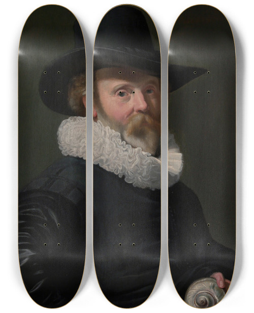 Triptych art skateboard deck of Thomas De Keyser Portrait Of A Man With A Shell by Thomas de Keyser (1596-1667)