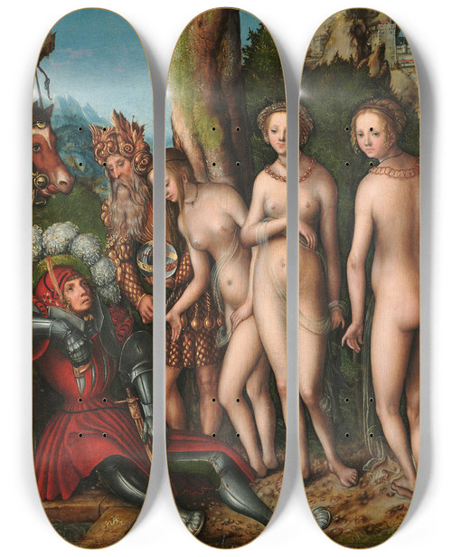 Triptych art skateboard deck of Lucas Cranach The Elder The Judgment Of Paris_2 by Lucas Cranach The Elder (1472-1553)