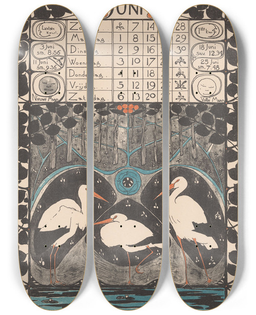 Triptych art skateboard deck of Theo Nieuwenhuis Kalenderblad Voor Juni 1896 by Theo Nieuwenhuis (1866-1951)