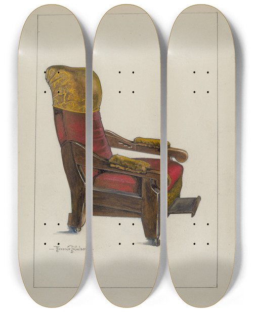 Triptych art skateboard deck of Florence Truelson Red Plush Morris Chair by Florence Truelson
