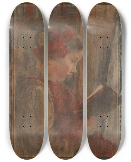 Triptych art skateboard deck of Jozef Hanula Girl With A Book by Jozef Hanula (1863-1944)