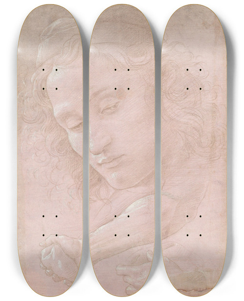 Triptych art skateboard deck of Sandro Botticelli Head Of A Youth Wearing A Cap A Right Forearm With The Hand Clutching A Stone And A Left Hand Holding A Drapery by Sandro Botticelli (1444-1510)